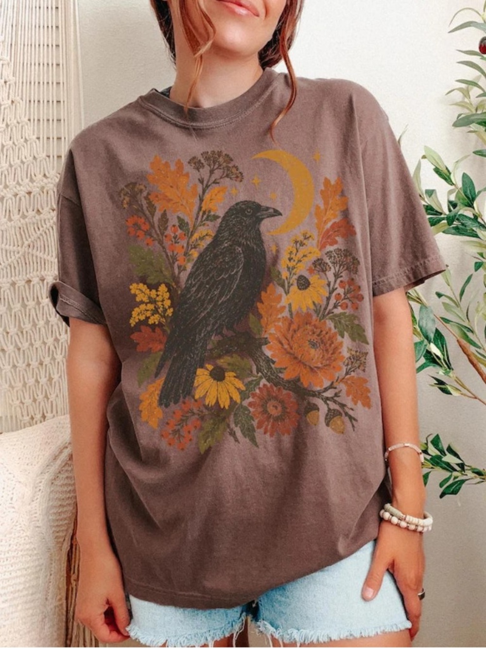 Vintage Boho Raven Floral Pet Bird-Themed Tee in Brown